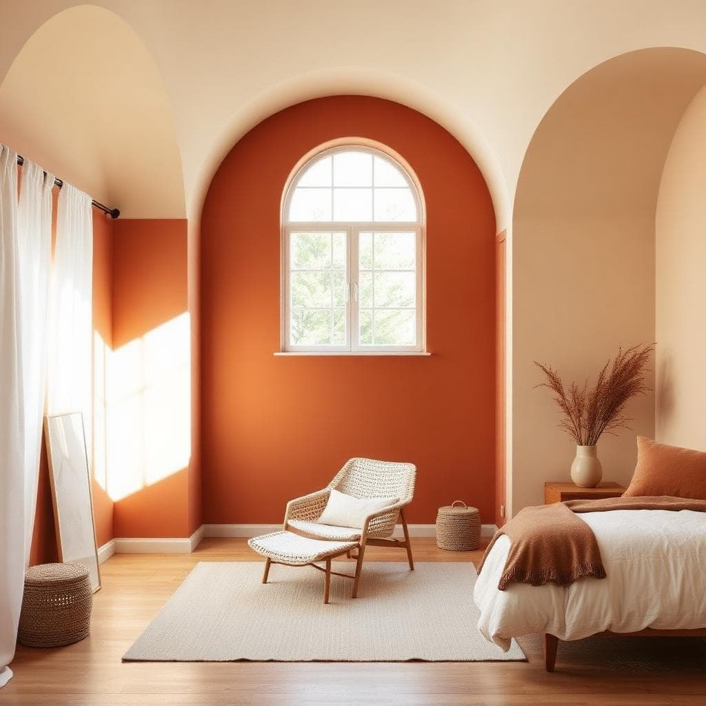 Terracotta arched bedroom with boucle chair