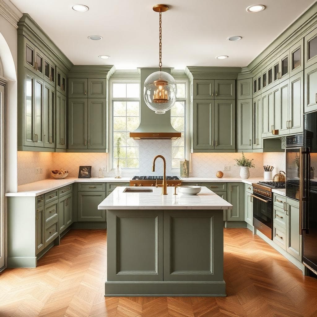 Sage green kitchen with brass fixtures and herringbone floor